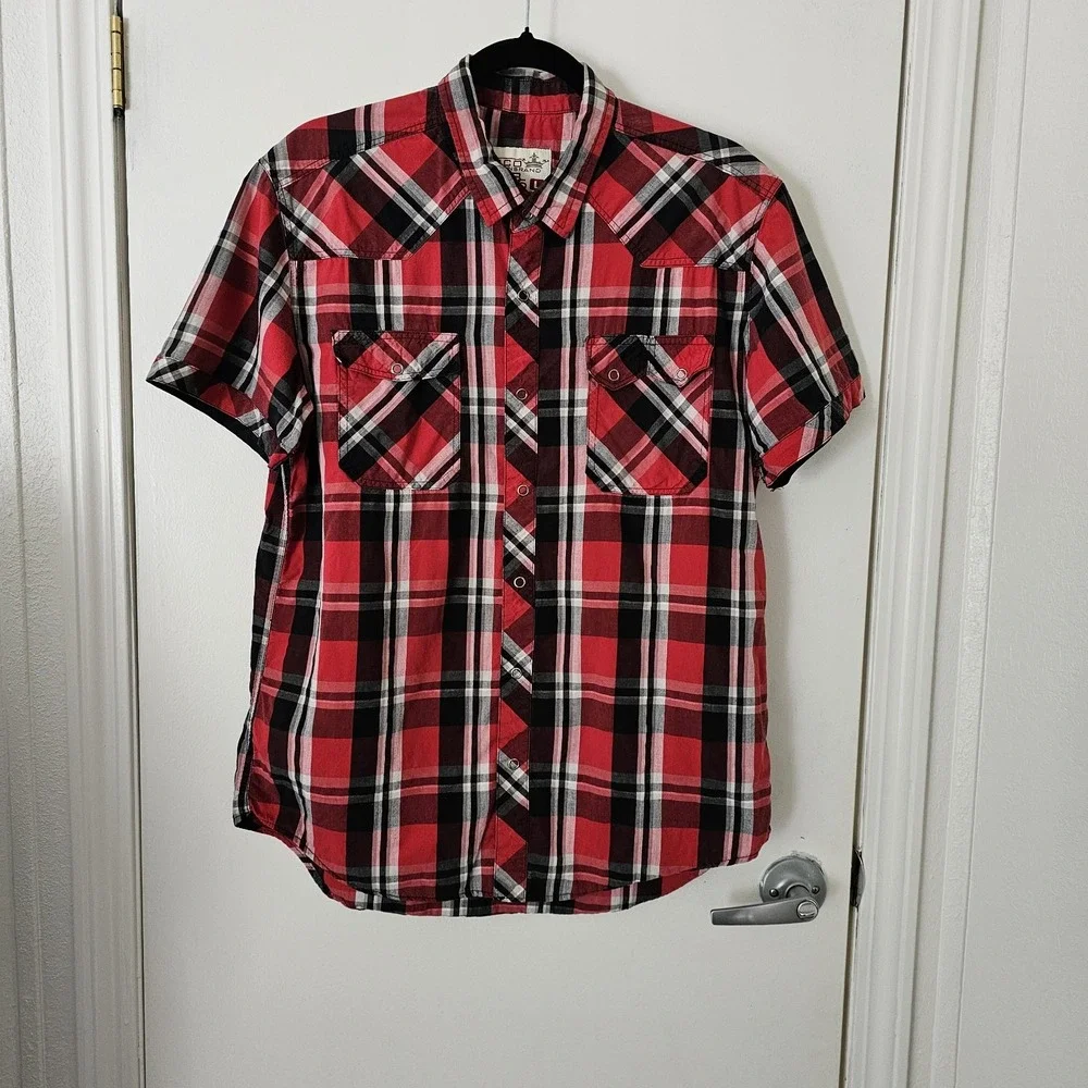 JNCO Men's Red‎ & Black Western Style Plaid Shirt Size L Short Sleeve